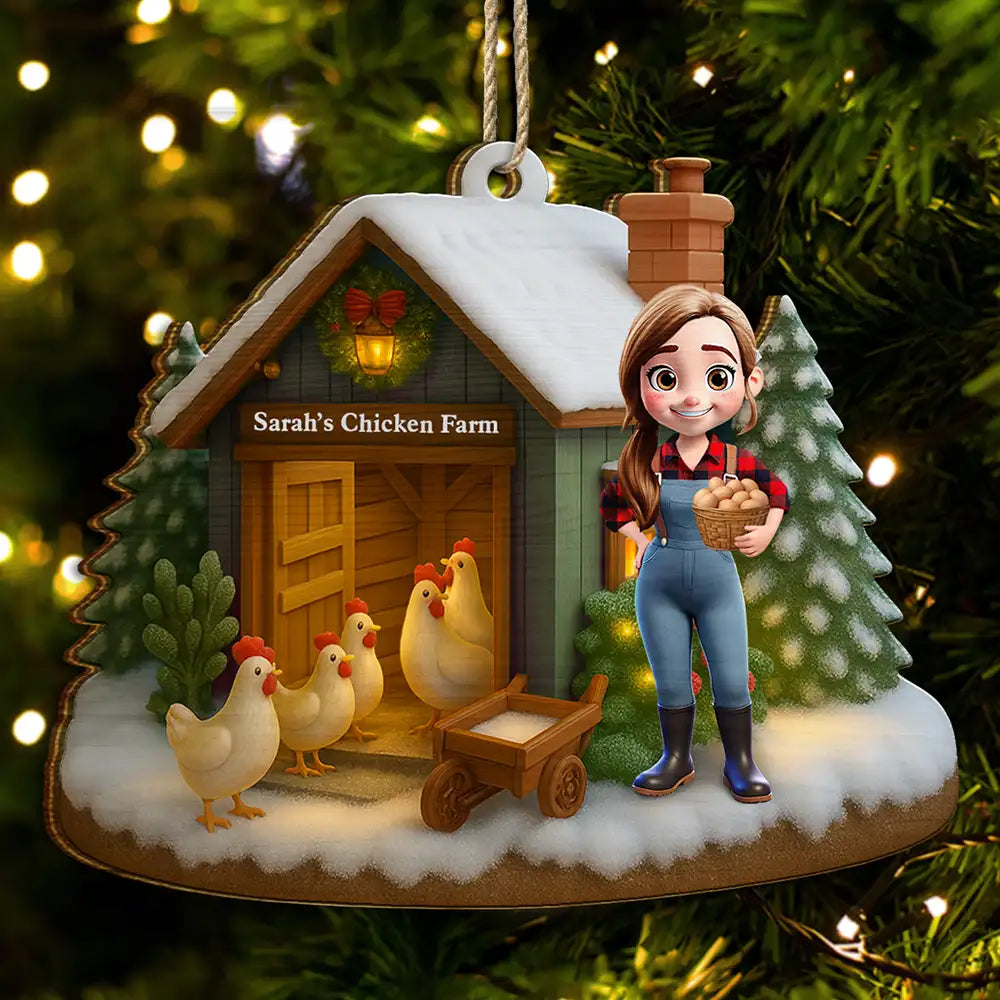 3D Effect Christmas Chicken Farm - Personalized Custom Shaped Wooden Ornament