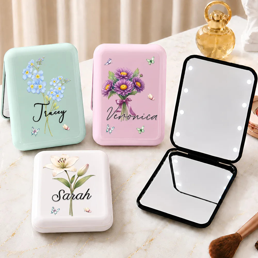 Gift For Yourself,Gift For Women,Confident,Icon - Watercolor Birth Flower Custom Name For Her, Daughter, Mom, Besties - Personalized LED Compact Mirror