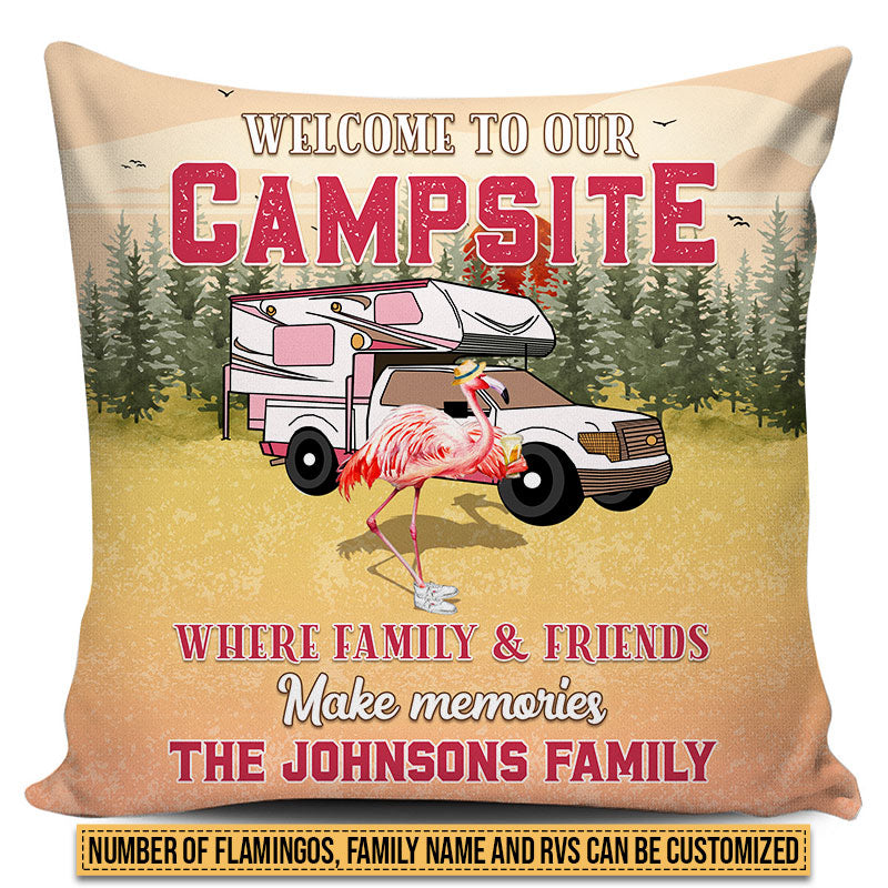Camping Flamingo Bestie Welcome To Our Campsite Custom Pillow, Personalized Camping Gift