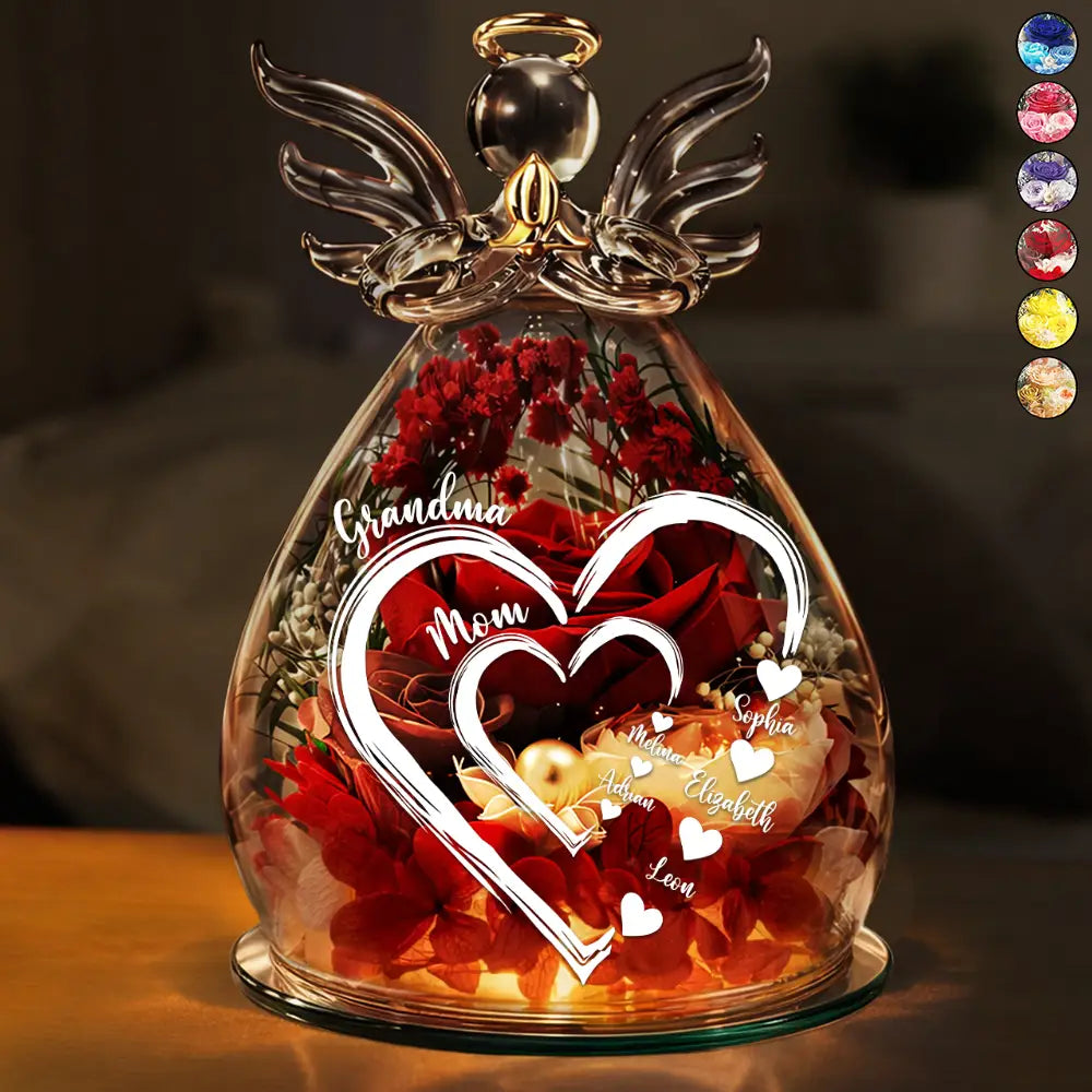 Mom Grandma Sweethearts - Personalized Flower In Glass Angel Figurine