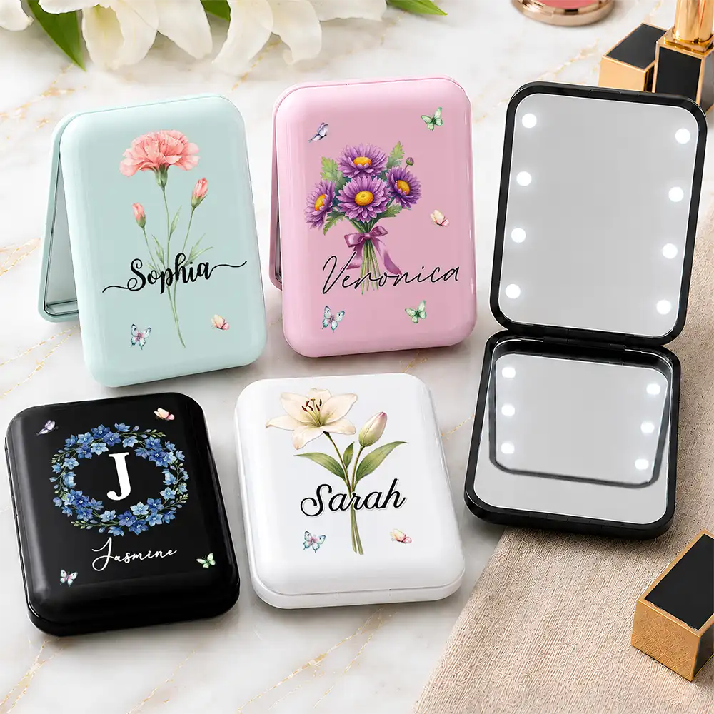 Gift For Yourself,Gift For Women,Confident,Icon - Watercolor Birth Flower Custom Name For Her, Daughter, Mom, Besties - Personalized LED Compact Mirror