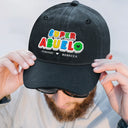 Gift For Father,Non-Eng,Custom Text,Adorable - Super Dad Papa Arcade Retro 3D Effect Custom Kid Names - Personalized Vintage Washed Denim Cap