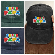 Gift For Father,Non-Eng,Custom Text,Adorable - Super Dad Papa Arcade Retro 3D Effect Custom Kid Names - Personalized Vintage Washed Denim Cap